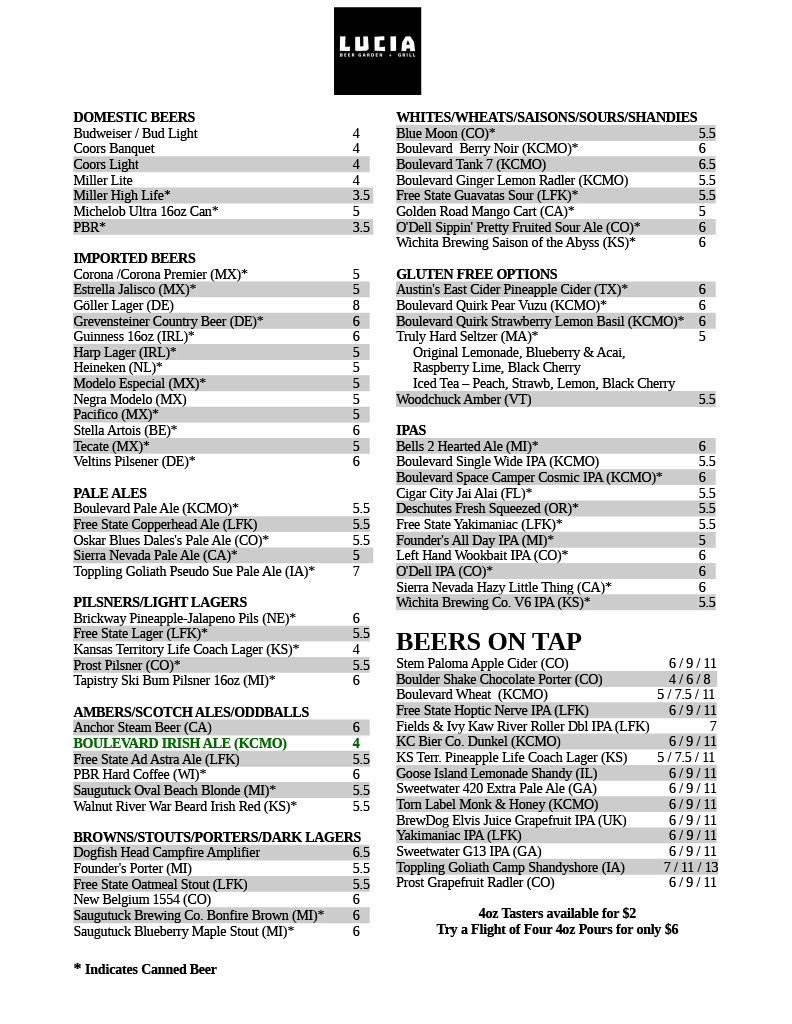 Biergarten Menus lucia